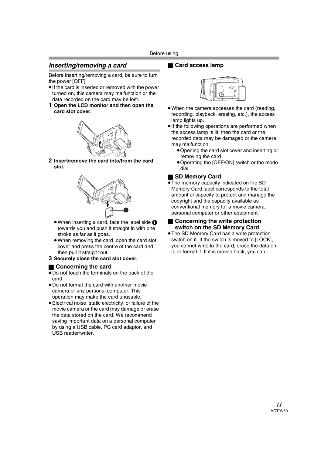 Panasonic NV-GS150GN Inserting/removing a card, Concerning the card, Card access lamp, SD Memory Card 