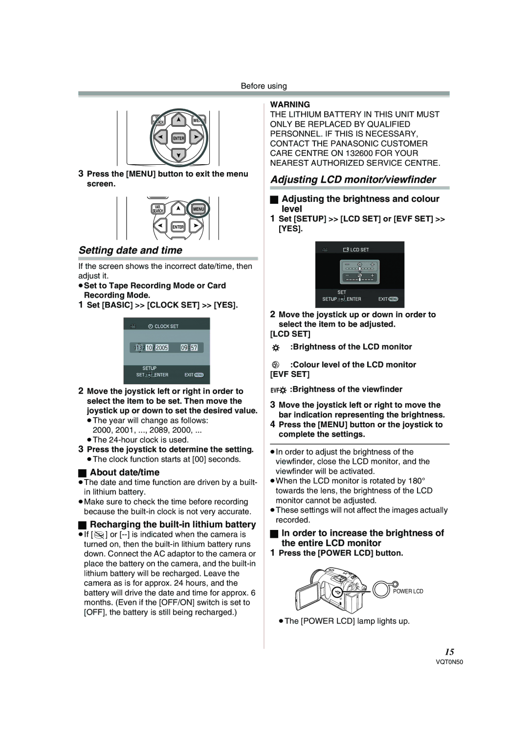 Panasonic NV-GS150GN operating instructions Setting date and time, Adjusting LCD monitor/viewfinder 