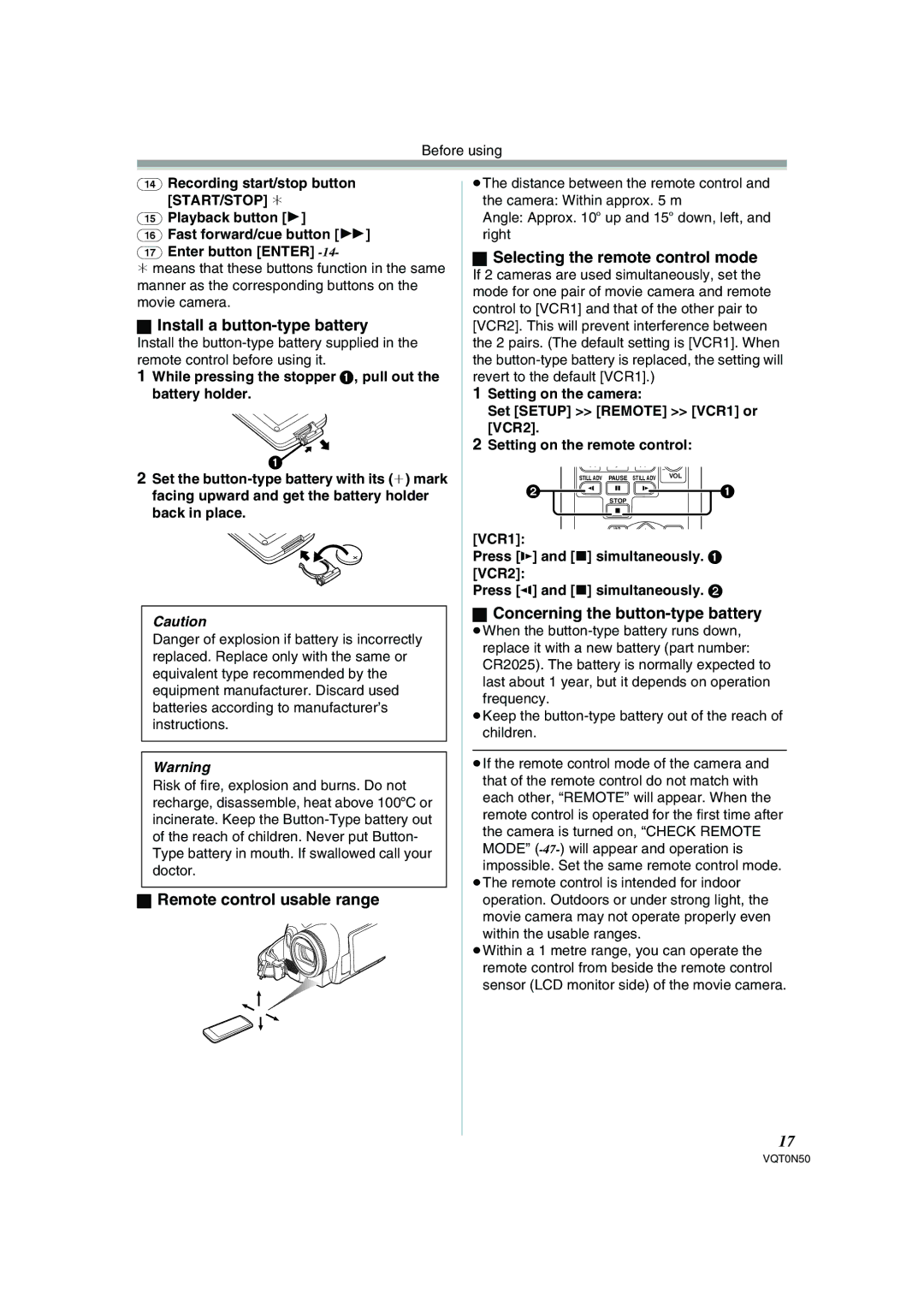 Panasonic NV-GS150GN Install a button-type battery, Remote control usable range, Selecting the remote control mode 