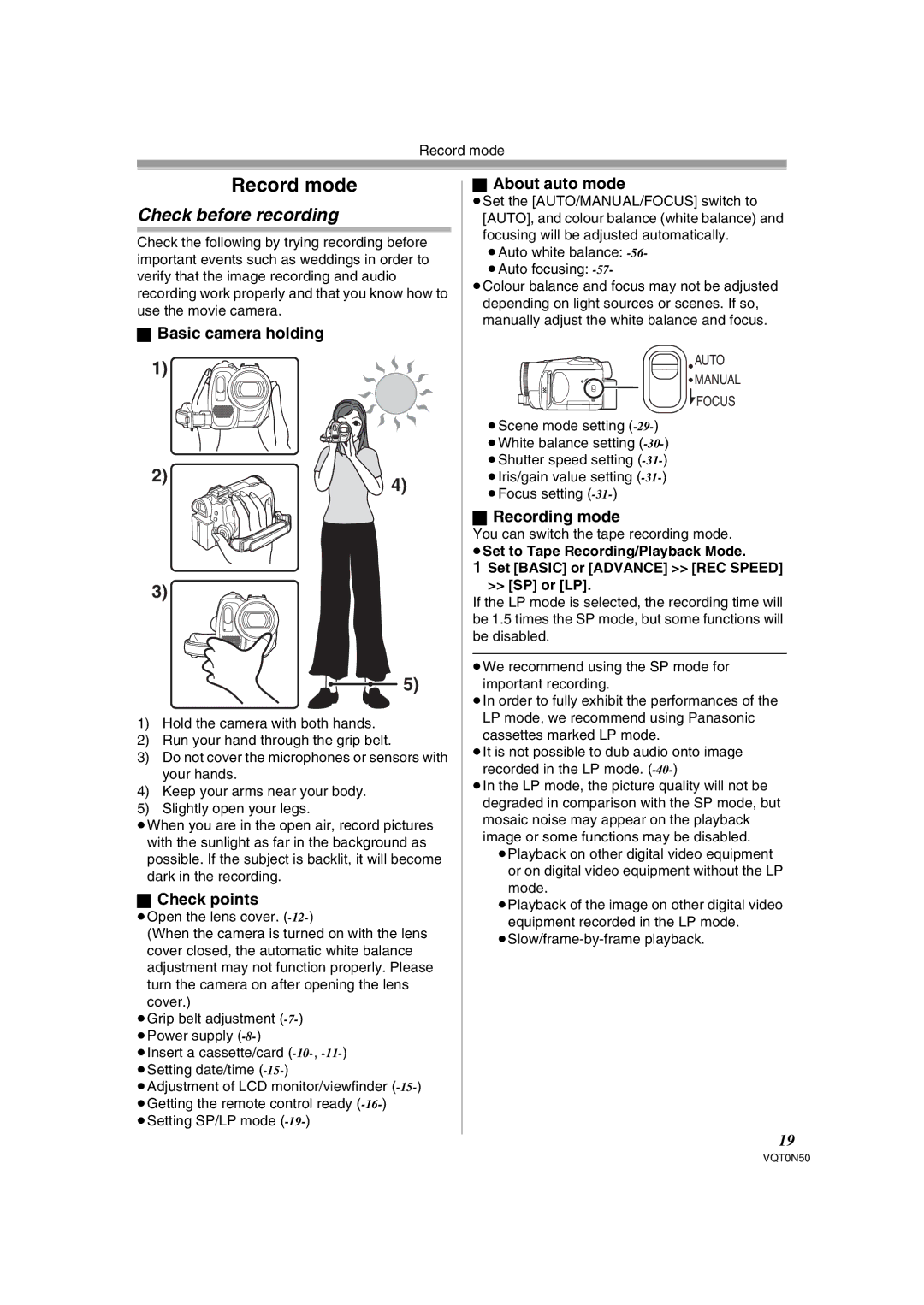 Panasonic NV-GS150GN operating instructions Record mode, Check before recording 