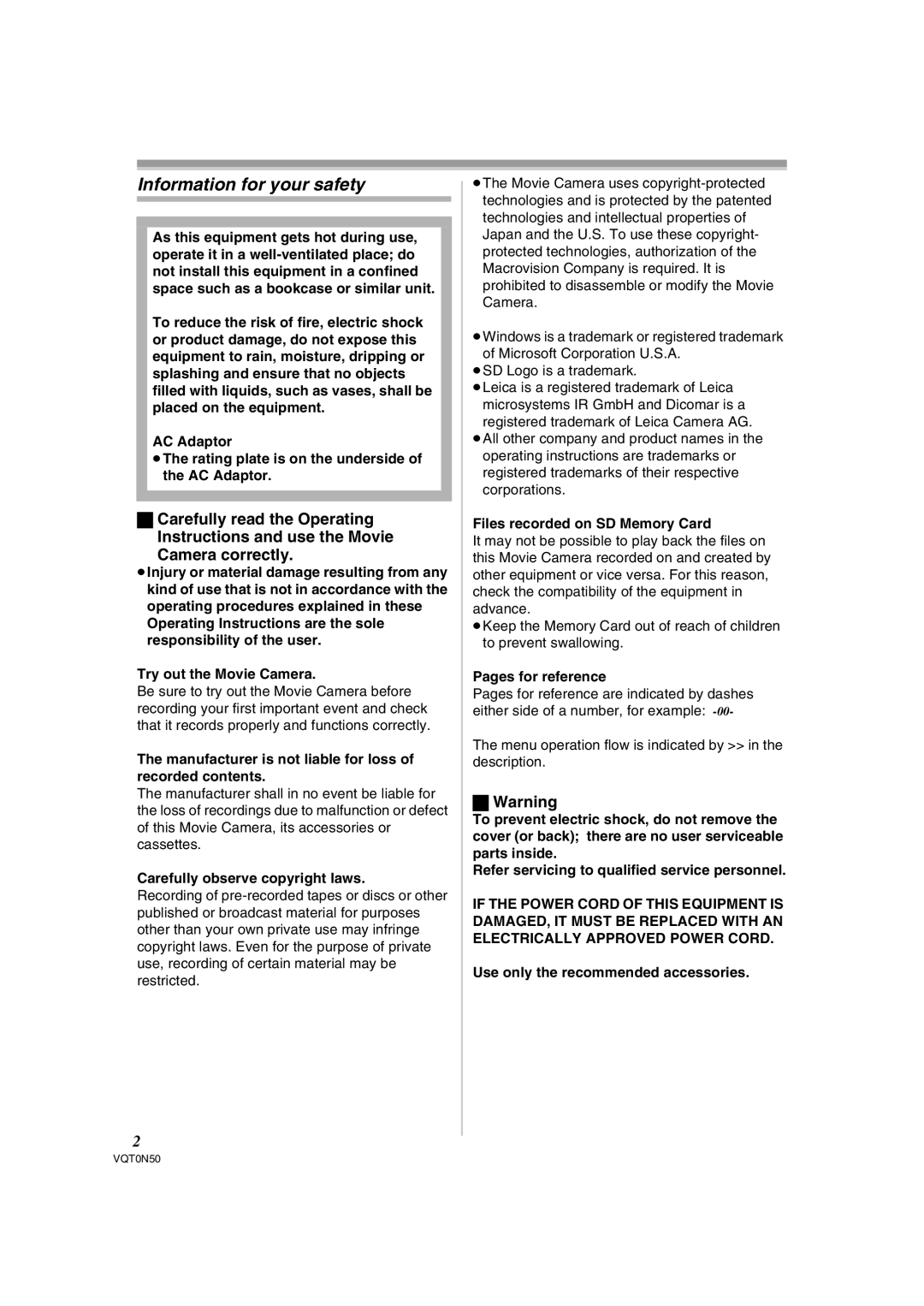 Panasonic NV-GS150GN operating instructions Information for your safety 