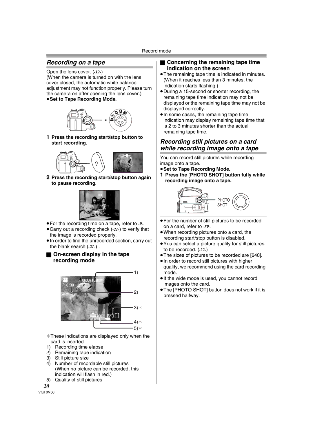 Panasonic NV-GS150GN operating instructions Recording on a tape, On-screen display in the tape recording mode 