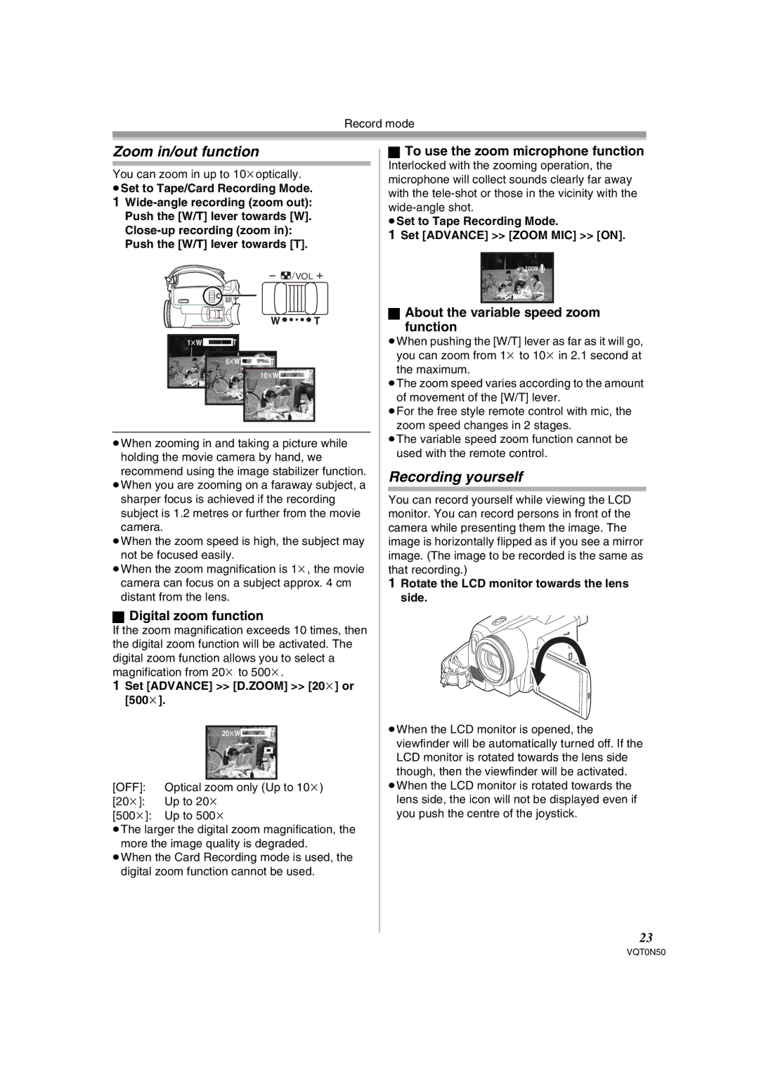 Panasonic NV-GS150GN Zoom in/out function, Recording yourself, Digital zoom function, To use the zoom microphone function 