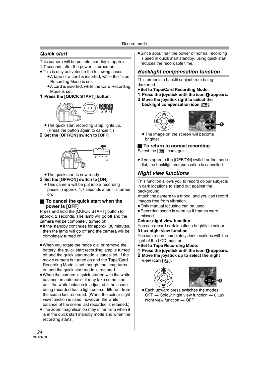 Panasonic NV-GS150GN Quick start, Backlight compensation function, Night view functions, To return to normal recording 