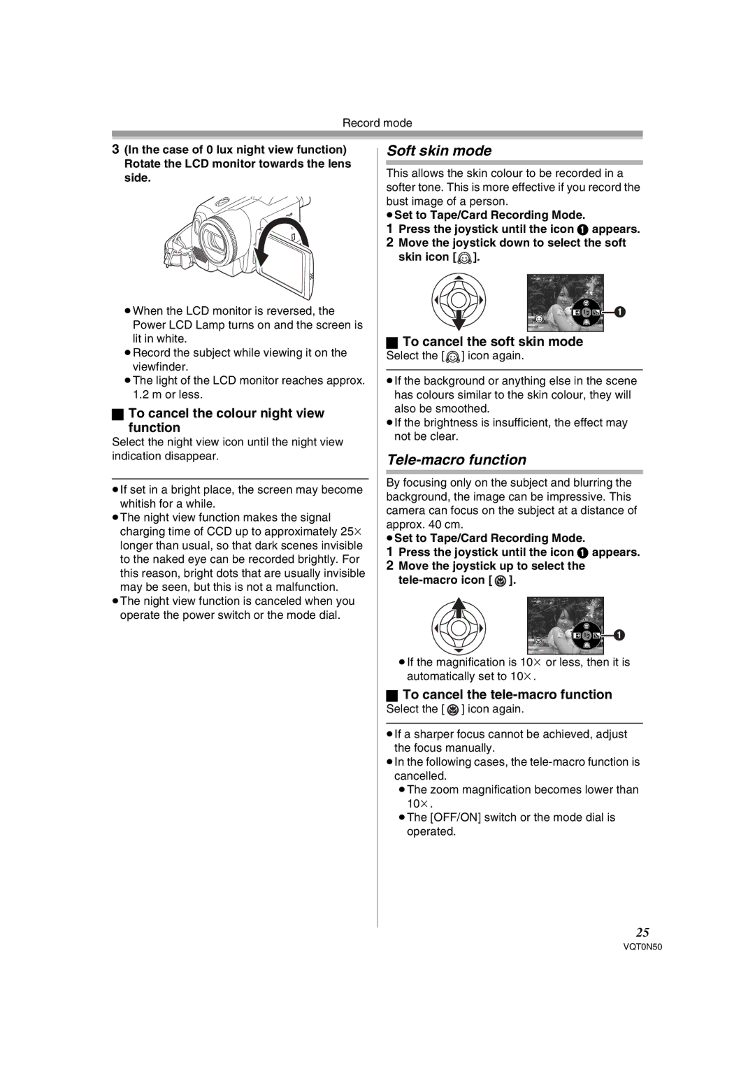 Panasonic NV-GS150GN operating instructions Soft skin mode, Tele-macro function, To cancel the colour night view function 