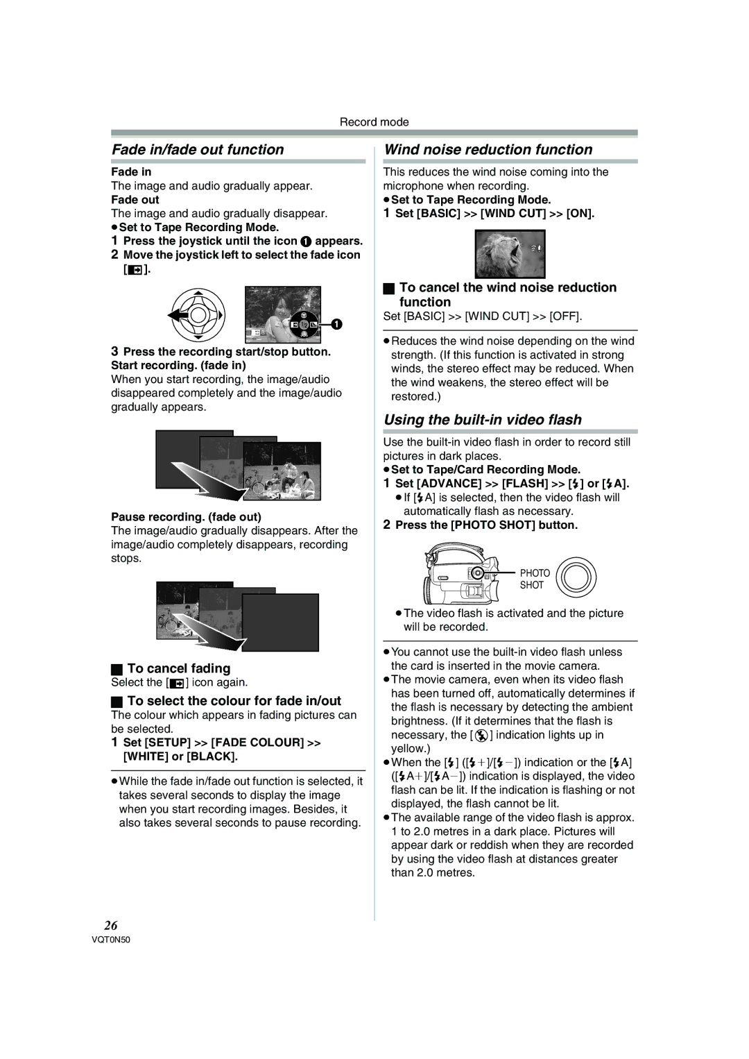 Panasonic NV-GS150GN Fade in/fade out function, Wind noise reduction function, Using the built-in video flash 