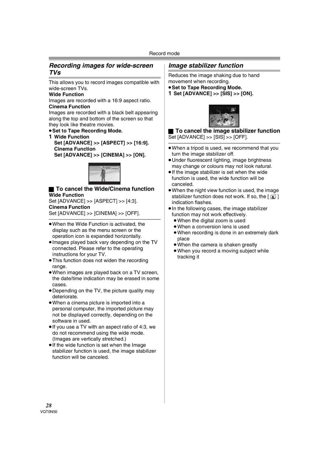 Panasonic NV-GS150GN Recording images for wide-screen TVs, Image stabilizer function, To cancel the Wide/Cinema function 