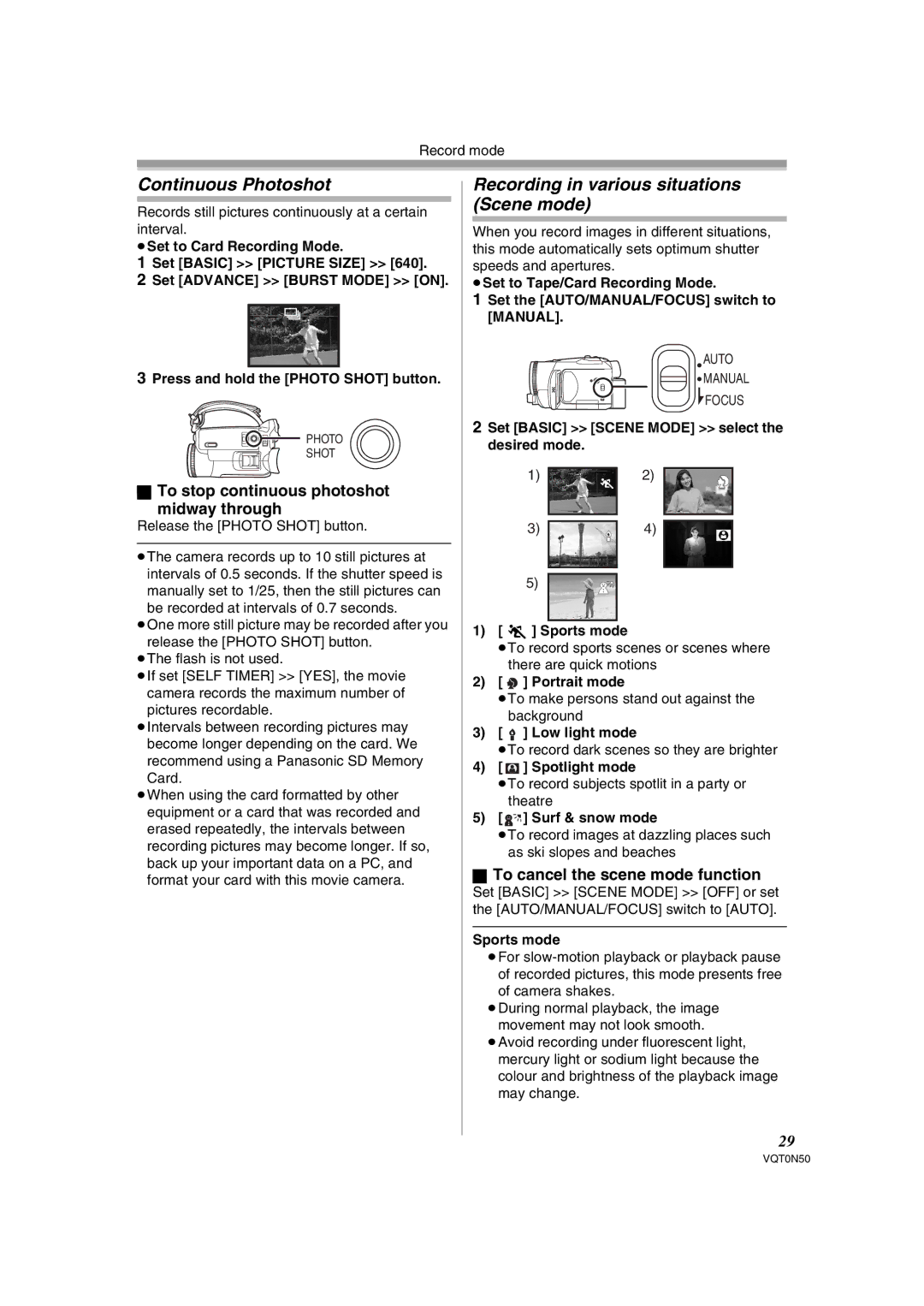 Panasonic NV-GS150GN Continuous Photoshot, Recording in various situations Scene mode, To cancel the scene mode function 