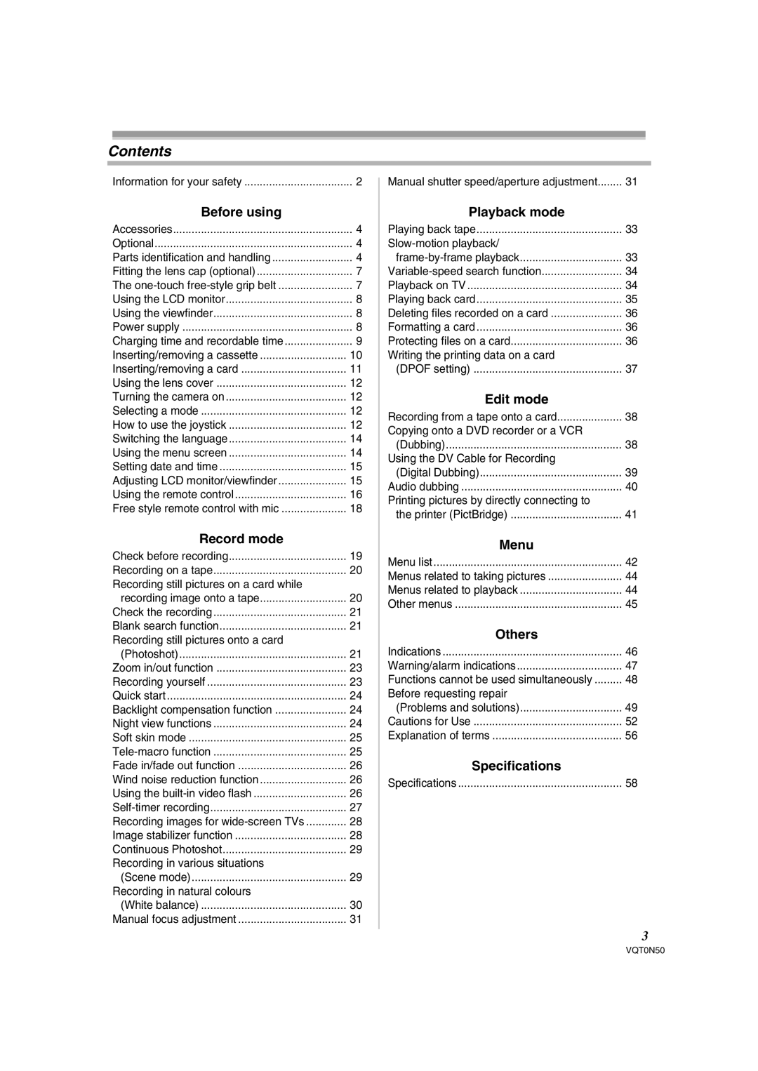 Panasonic NV-GS150GN operating instructions Contents 