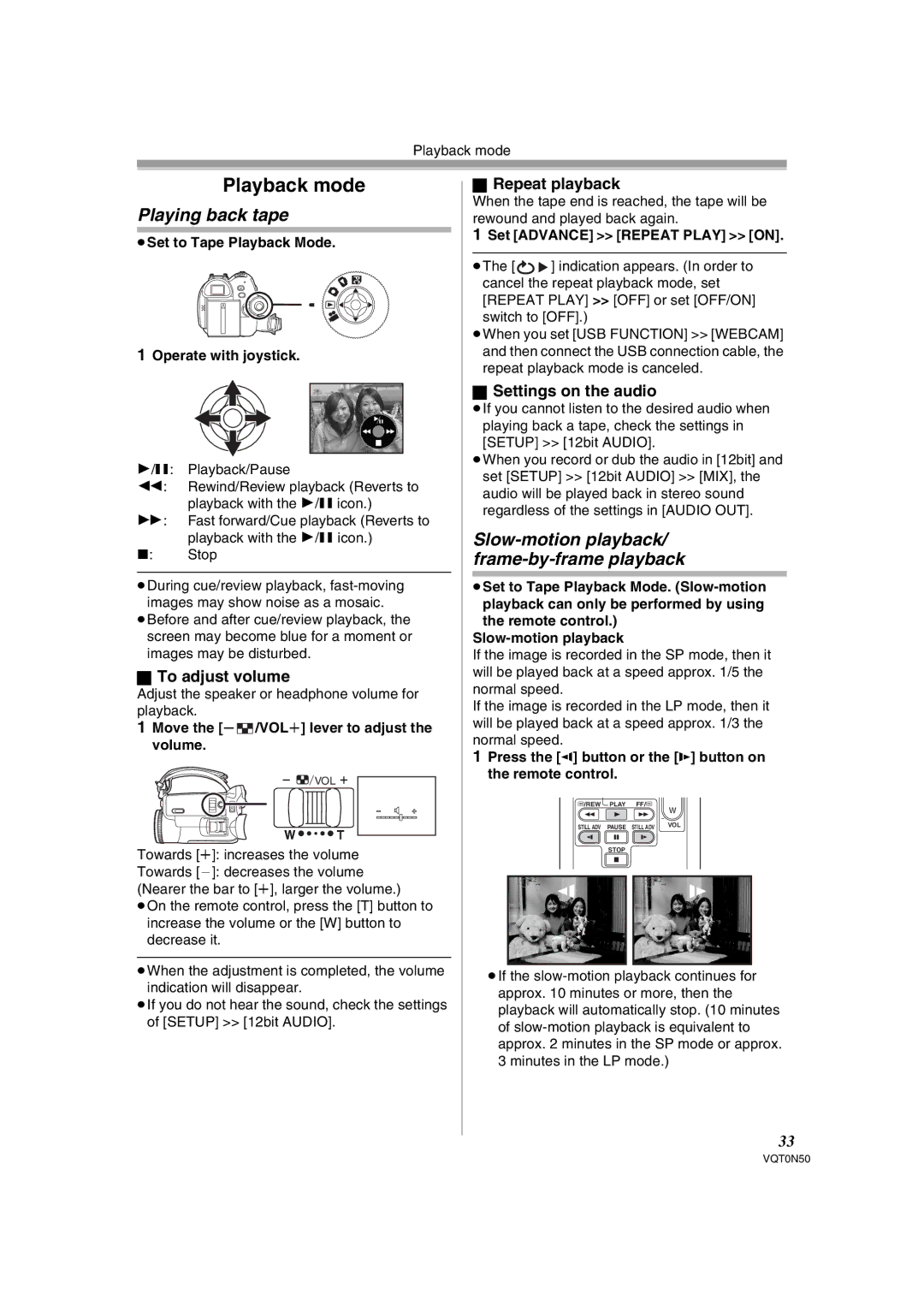 Panasonic NV-GS150GN operating instructions Playback mode, Playing back tape, Slow-motion playback/ frame-by-frame playback 