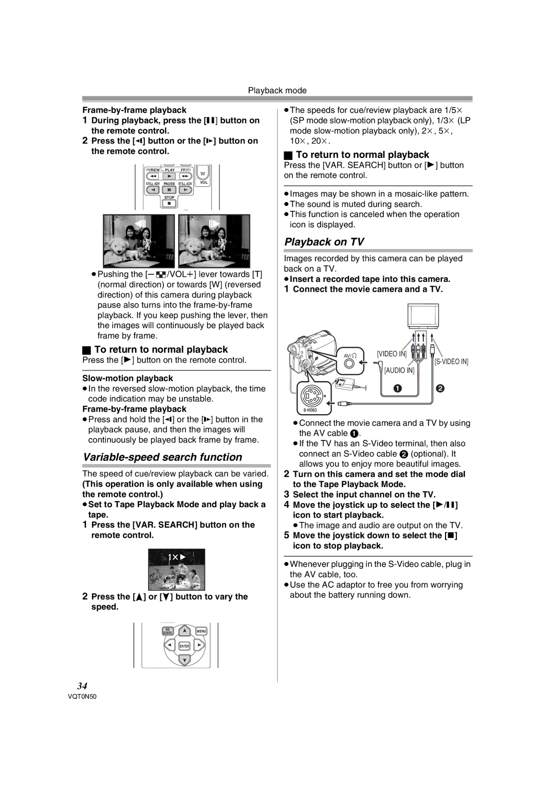 Panasonic NV-GS150GN Variable-speed search function, Playback on TV, To return to normal playback, Frame-by-frame playback 