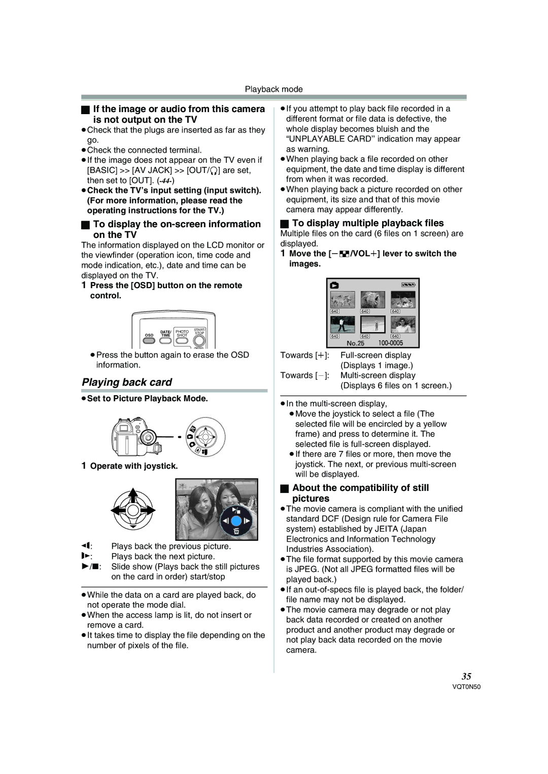 Panasonic NV-GS150GN Playing back card, To display the on-screen information On the TV, To display multiple playback files 