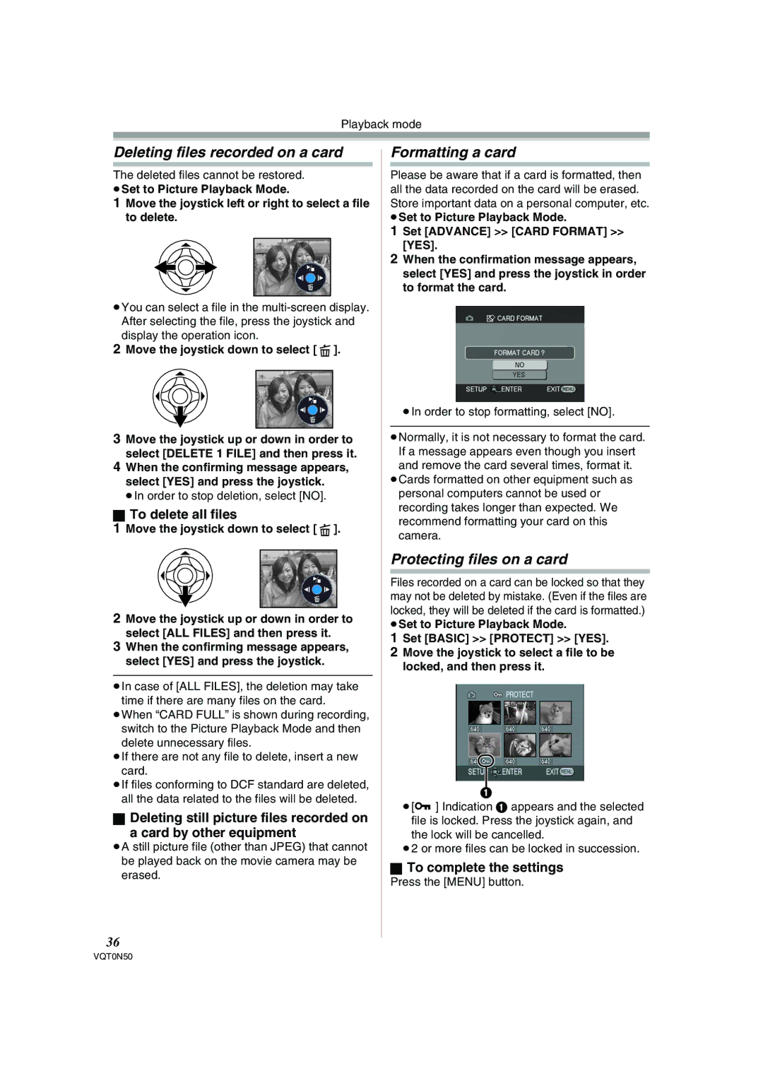 Panasonic NV-GS150GN Deleting files recorded on a card, Formatting a card, Protecting files on a card, To delete all files 