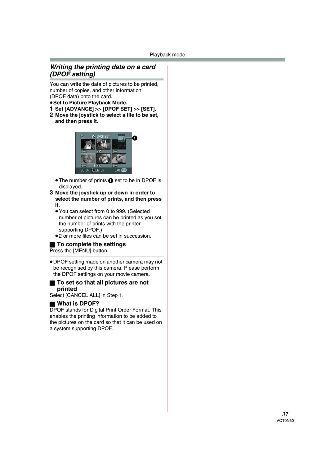 Panasonic NV-GS150GN Writing the printing data on a card Dpof setting, To set so that all pictures are not Printed 