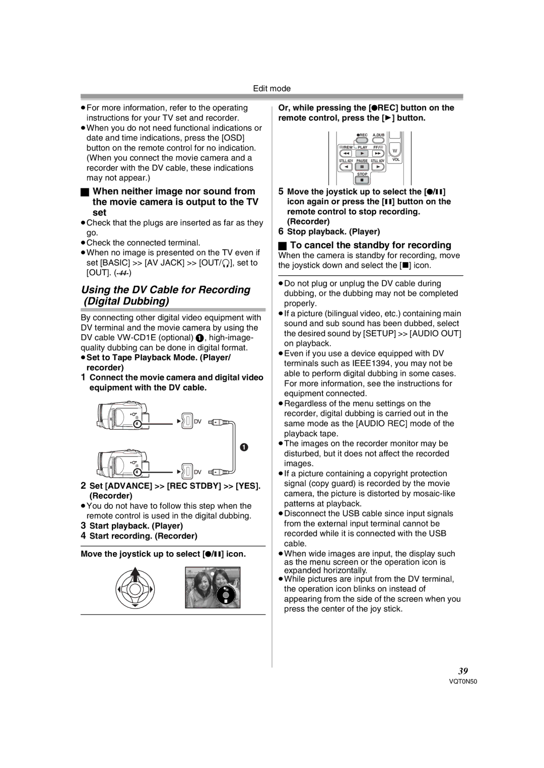 Panasonic NV-GS150GN Using the DV Cable for Recording Digital Dubbing, To cancel the standby for recording 