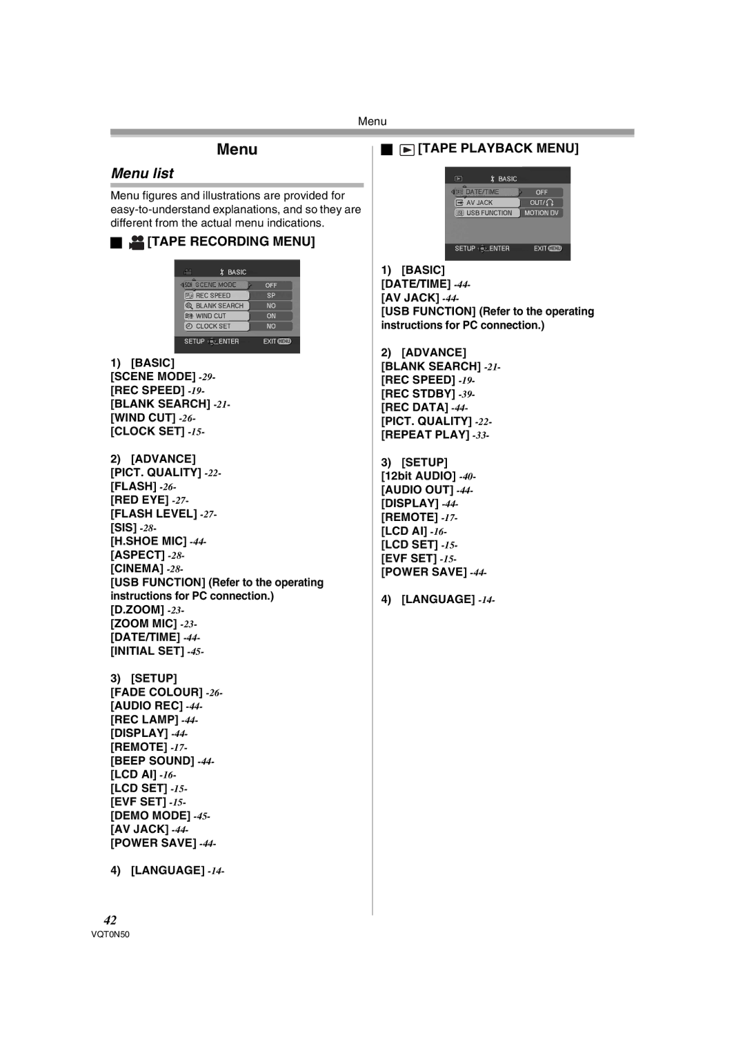 Panasonic NV-GS150GN operating instructions Menu list, Tape Recording Menu, Tape Playback Menu 