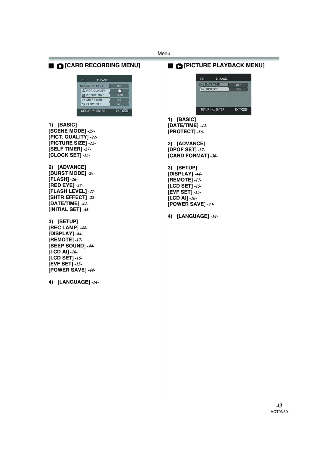 Panasonic NV-GS150GN operating instructions Card Recording Menu, Picture Playback Menu, Setup, Basic DATE/TIME -44-PROTECT 