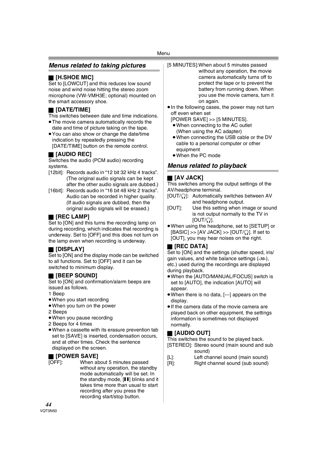 Panasonic NV-GS150GN operating instructions Menus related to taking pictures, Menus related to playback 