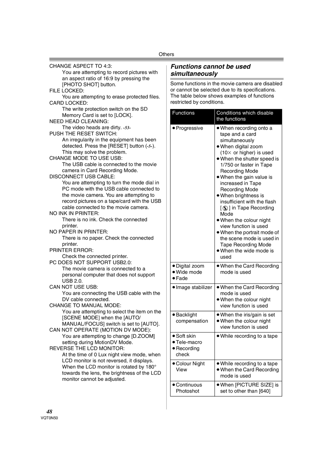 Panasonic NV-GS150GN operating instructions Functions cannot be used simultaneously, Change Aspect to 