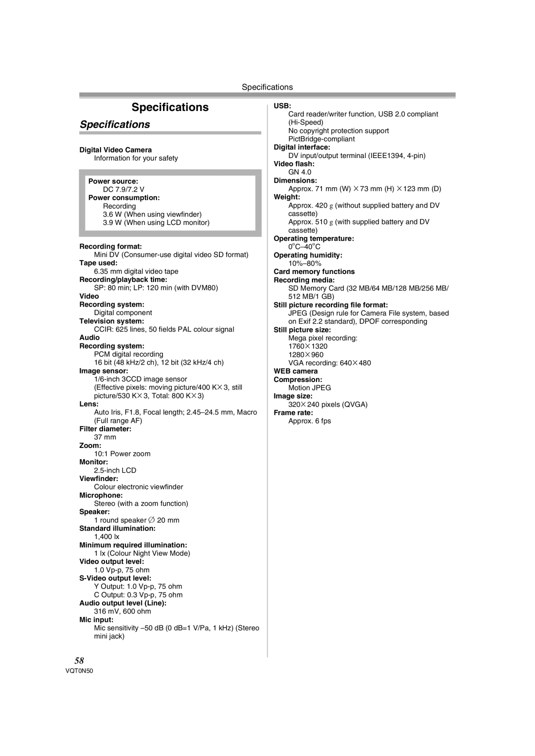 Panasonic NV-GS150GN operating instructions Specifications 