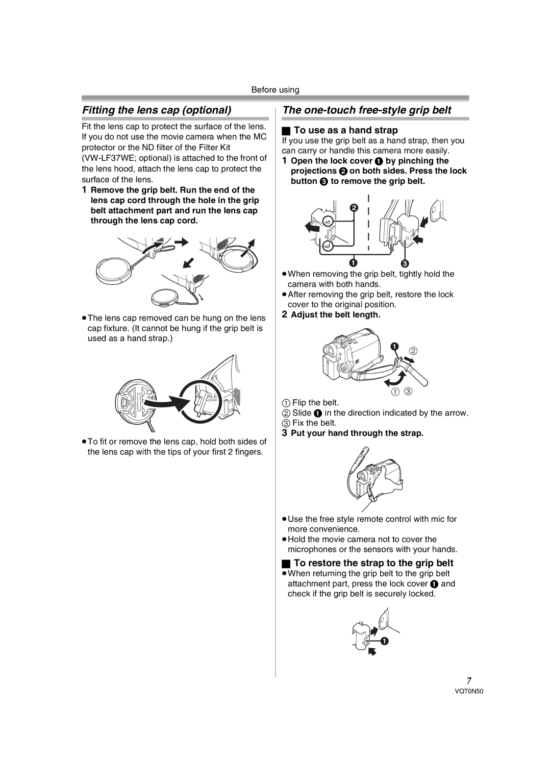 Panasonic NV-GS150GN Fitting the lens cap optional, One-touch free-style grip belt, To use as a hand strap 