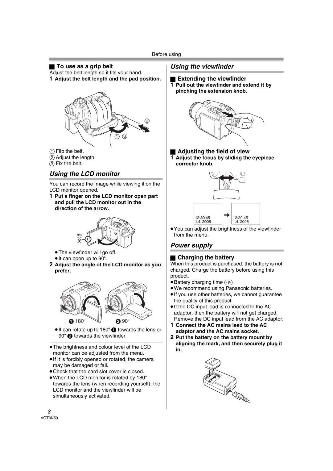 Panasonic NV-GS150GN operating instructions Using the LCD monitor, Using the viewfinder, Power supply 