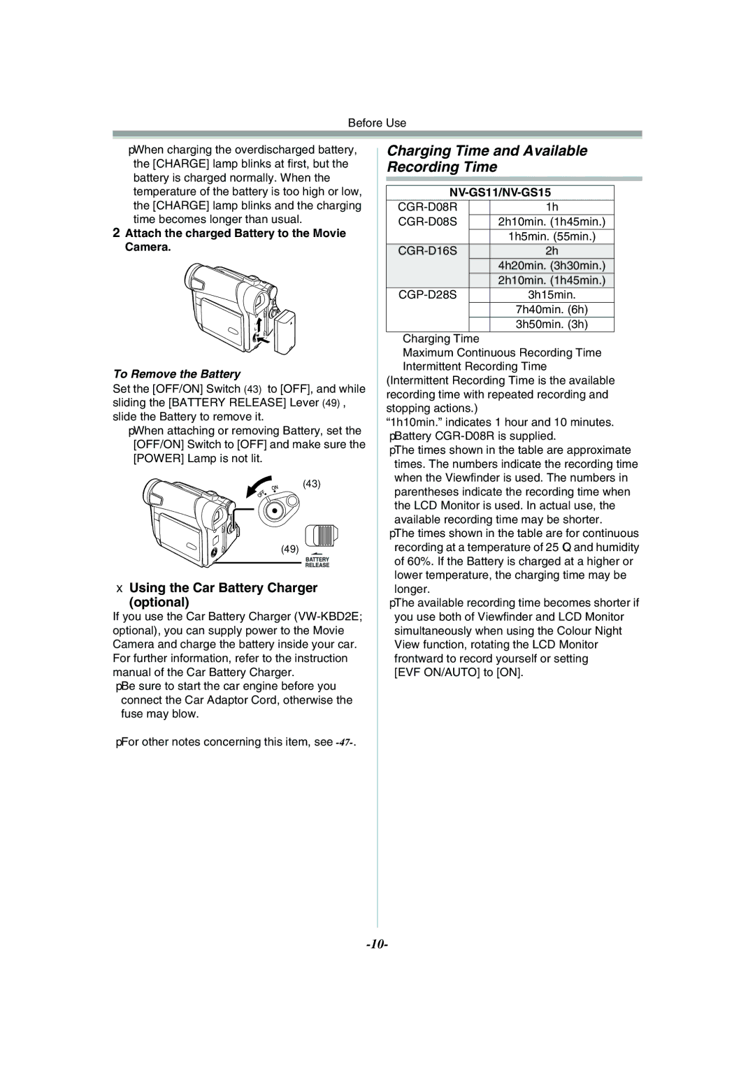 Panasonic NV-GS15GN, NV-GS11GN Charging Time and Available Recording Time, Using the Car Battery Charger Optional 