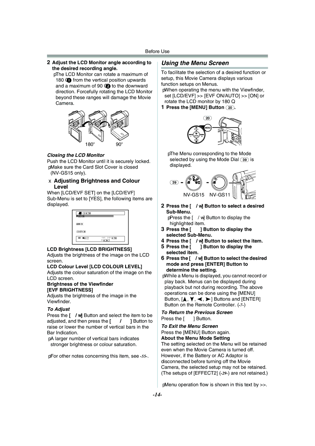 Panasonic NV-GS15GN, NV-GS11GN operating instructions Using the Menu Screen, Adjusting Brightness and Colour Level 