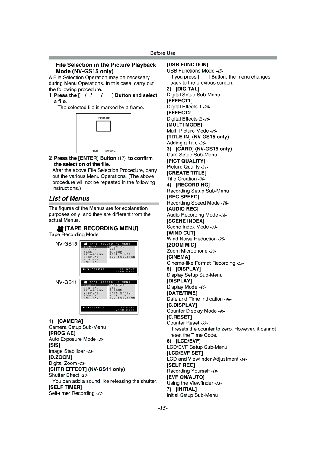 Panasonic NV-GS11GN List of Menus, File Selection in the Picture Playback Mode NV-GS15 only, Tape Recording Menu 