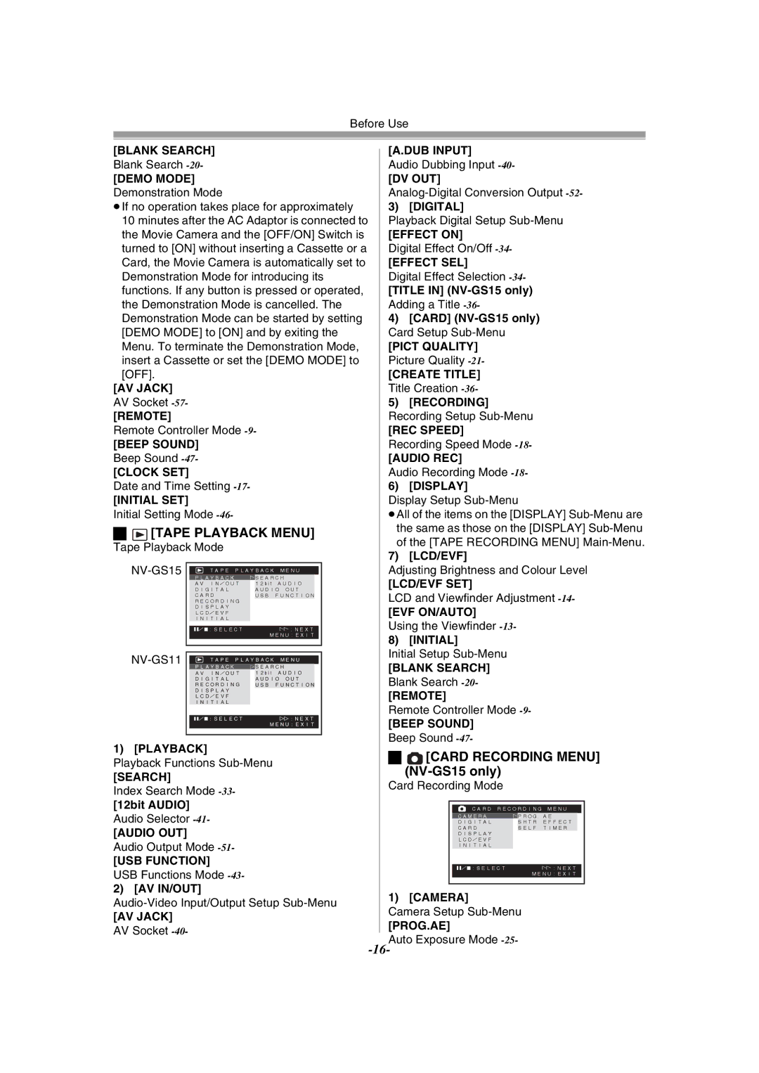 Panasonic NV-GS15GN, NV-GS11GN Tape Playback Menu, Card Recording Menu NV-GS15 only, 12bit Audio, Av In/Out 