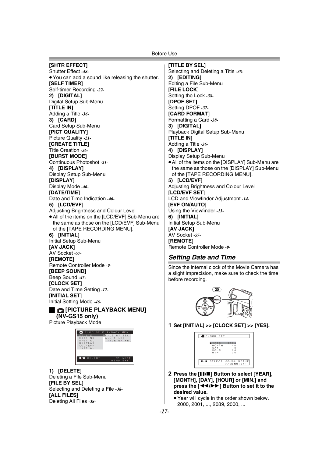 Panasonic NV-GS11GN, NV-GS15GN Setting Date and Time, Picture Playback Menu NV-GS15 only, Card, Set Initial Clock SET YES 