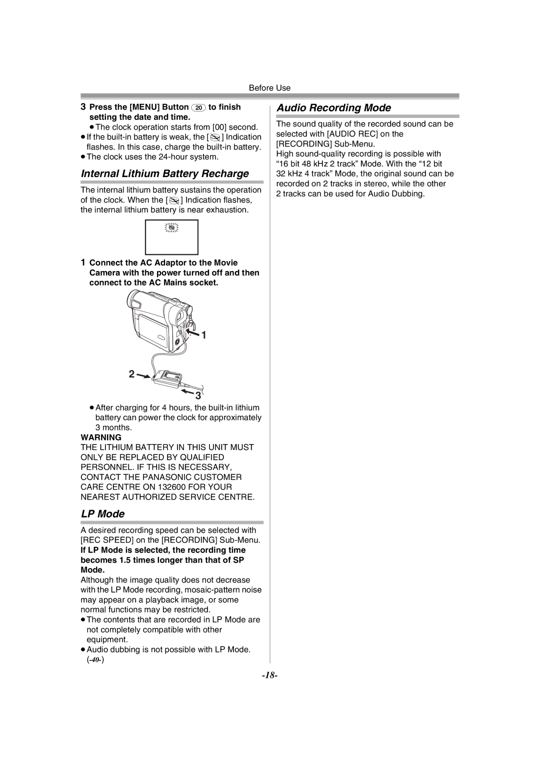 Panasonic NV-GS15GN, NV-GS11GN operating instructions Internal Lithium Battery Recharge, LP Mode, Audio Recording Mode 