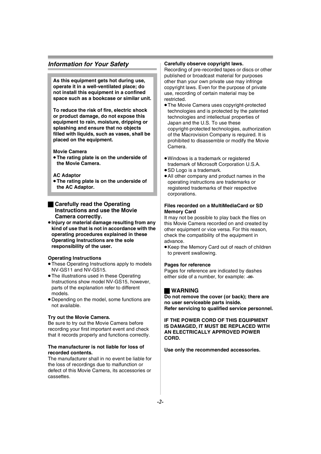 Panasonic NV-GS15GN, NV-GS11GN operating instructions Information for Your Safety 