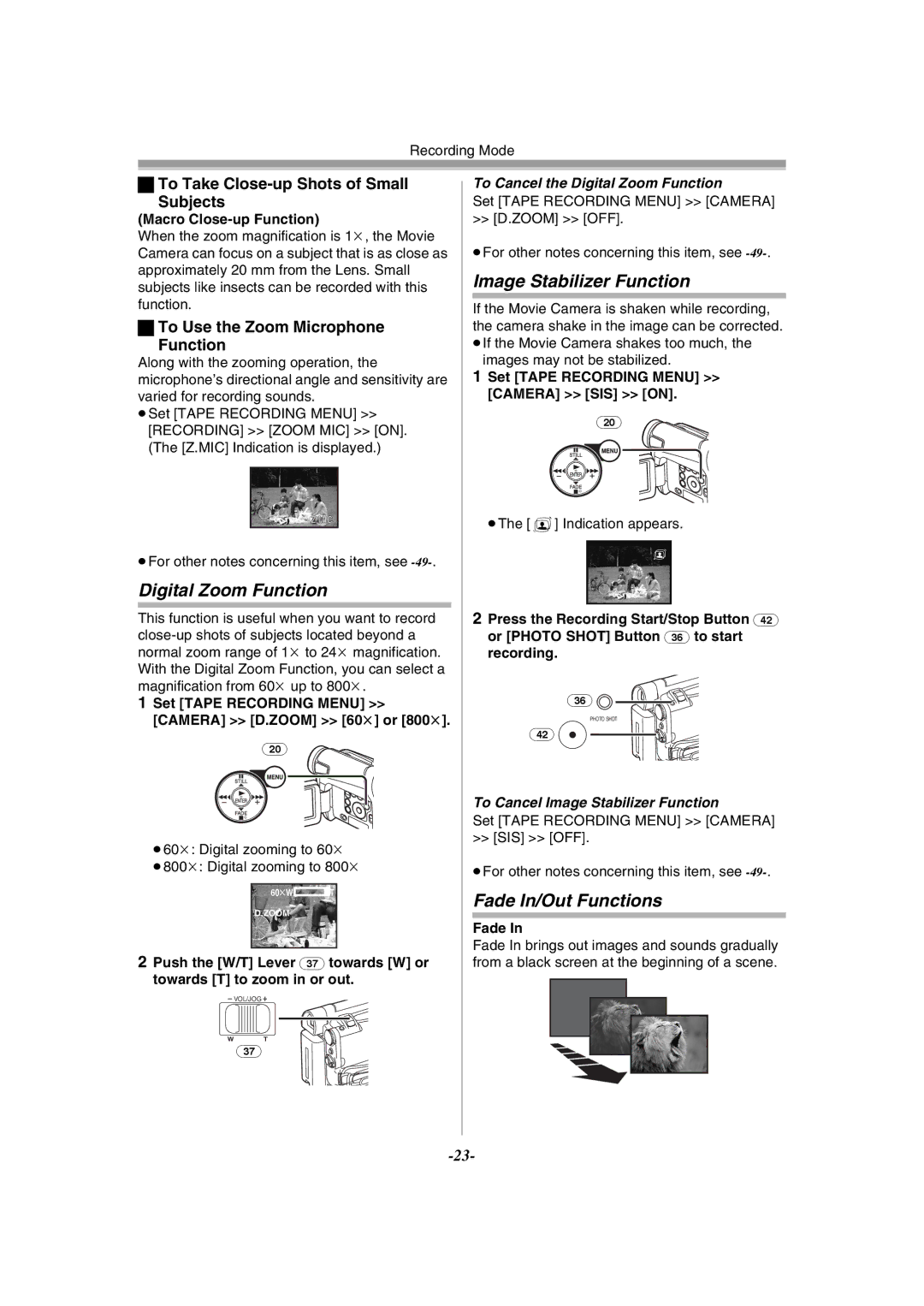 Panasonic NV-GS11GN, NV-GS15GN Digital Zoom Function, Image Stabilizer Function, Fade In/Out Functions 