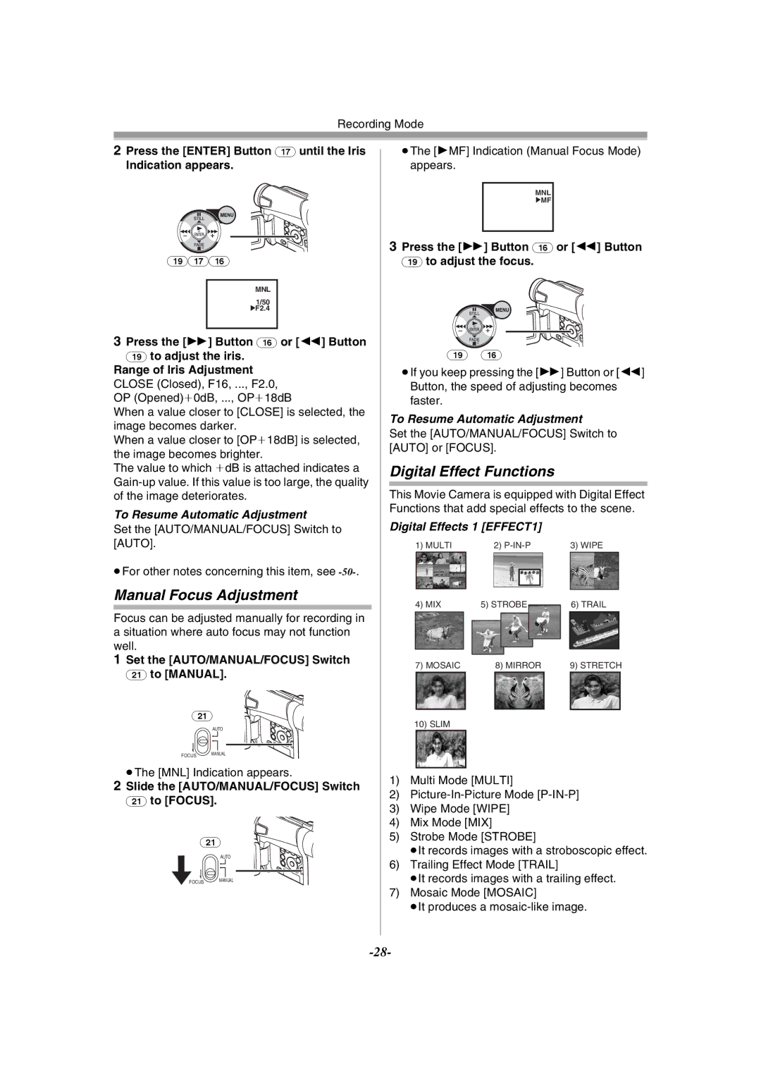 Panasonic NV-GS15GN, NV-GS11GN Manual Focus Adjustment, Digital Effect Functions, Digital Effects 1 EFFECT1 