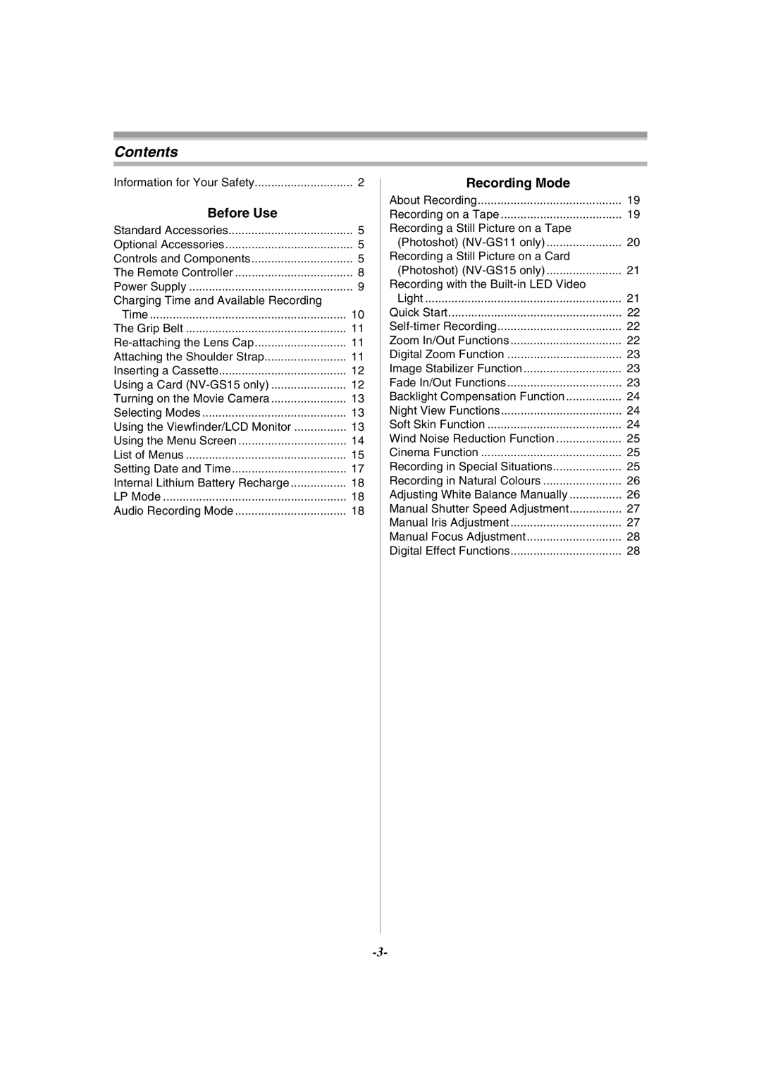 Panasonic NV-GS11GN, NV-GS15GN operating instructions Contents 