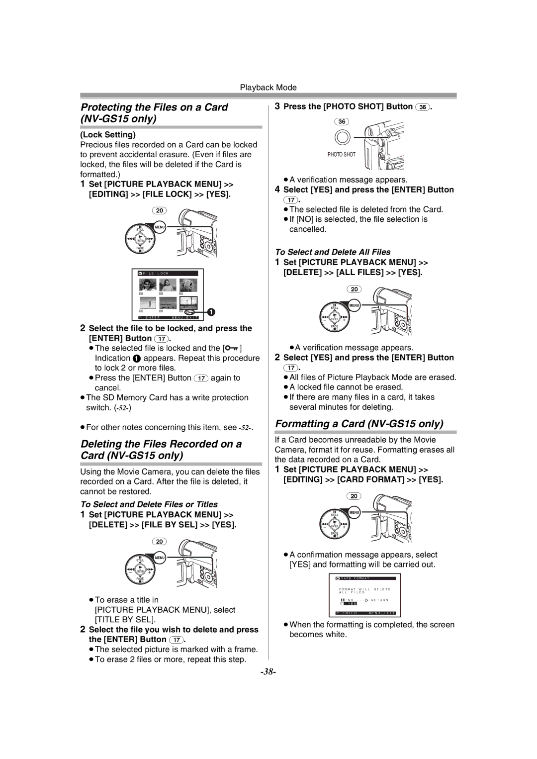 Panasonic NV-GS15GN Protecting the Files on a Card NV-GS15 only, Deleting the Files Recorded on a Card NV-GS15 only 