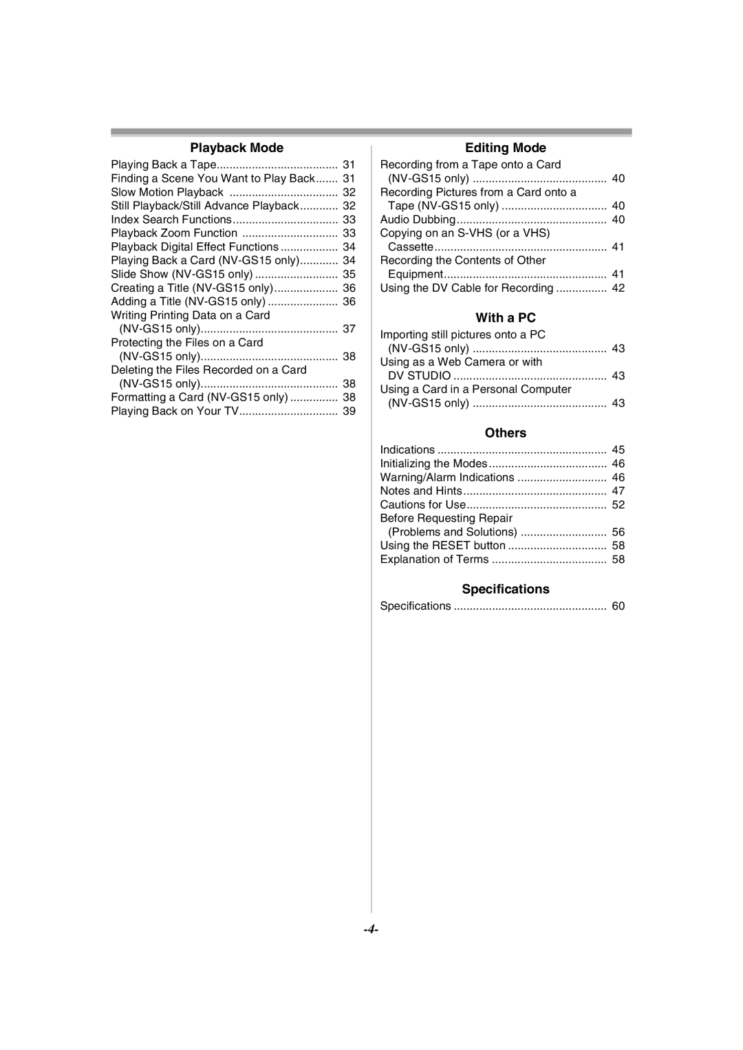 Panasonic NV-GS15GN, NV-GS11GN operating instructions Playback Mode, Editing Mode, With a PC, Others, Specifications 