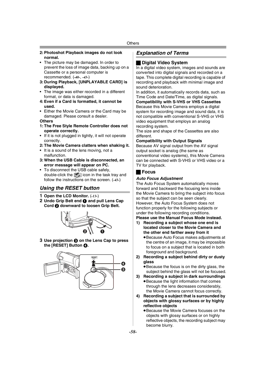 Panasonic NV-GS15GN Using the Reset button, Explanation of Terms, Digital Video System, Auto Focus Adjustment 