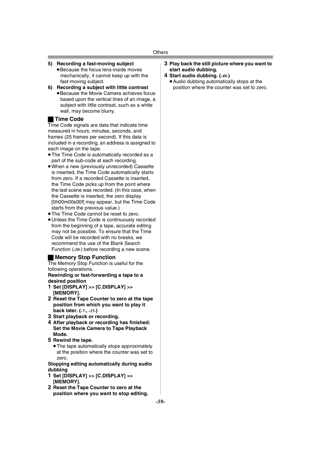 Panasonic NV-GS11GN, NV-GS15GN operating instructions Time Code, Memory Stop Function, Recording a fast-moving subject 