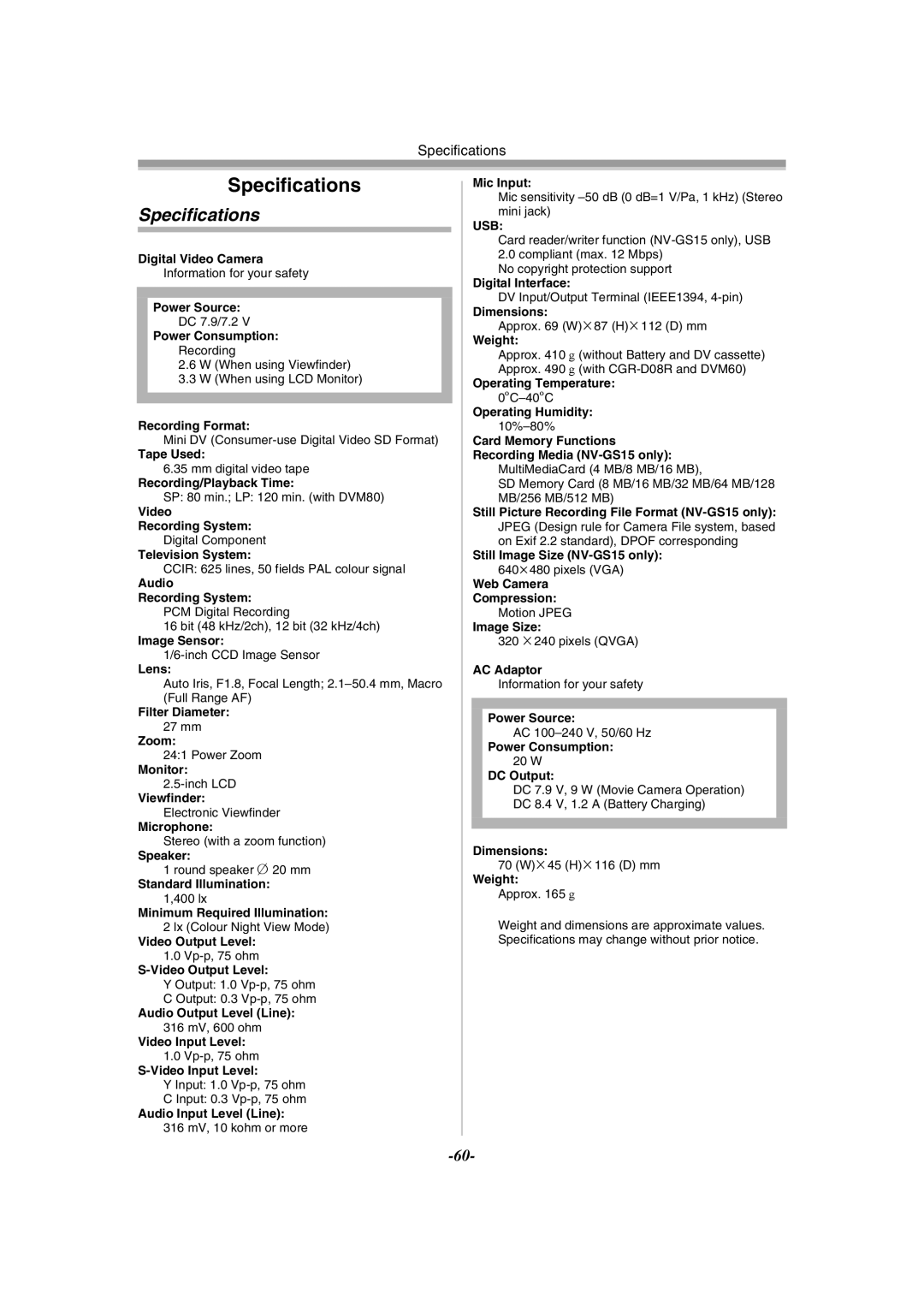 Panasonic NV-GS15GN, NV-GS11GN operating instructions Specifications 