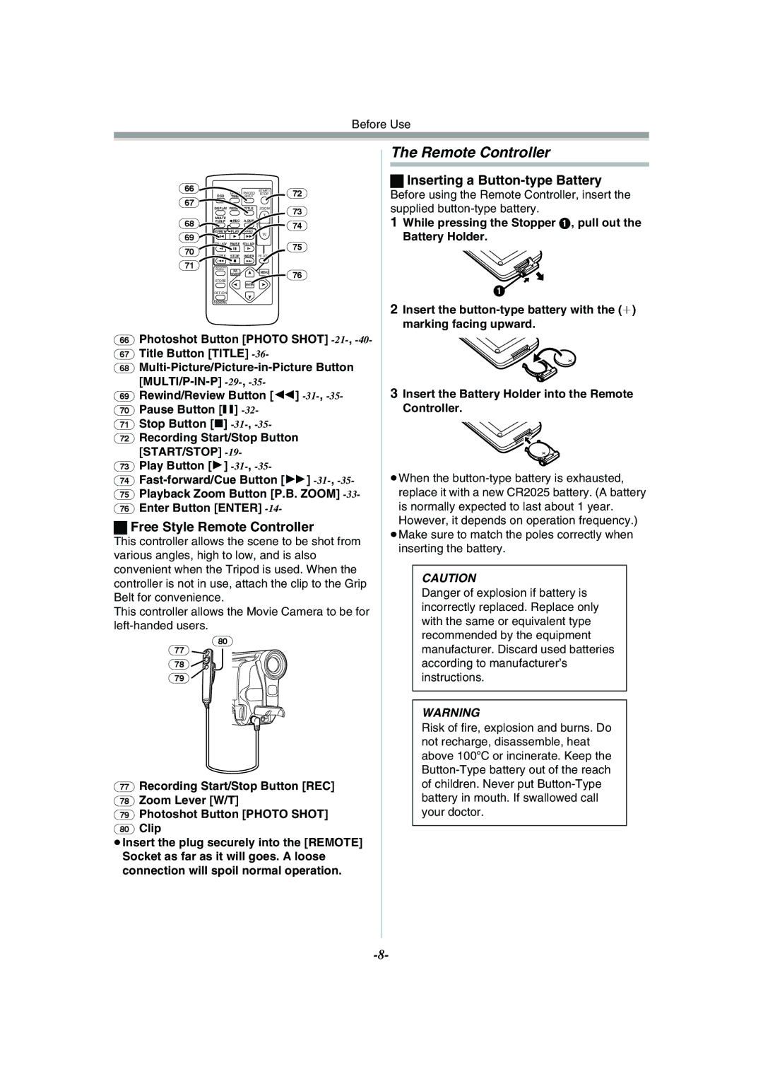 Panasonic NV-GS15GN, NV-GS11GN operating instructions Free Style Remote Controller, Inserting a Button-type Battery 