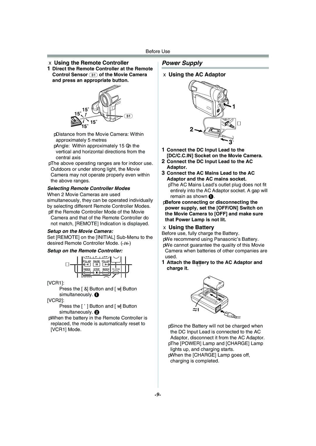 Panasonic NV-GS11GN, NV-GS15GN Power Supply, Using the Remote Controller, Using the AC Adaptor, Using the Battery 