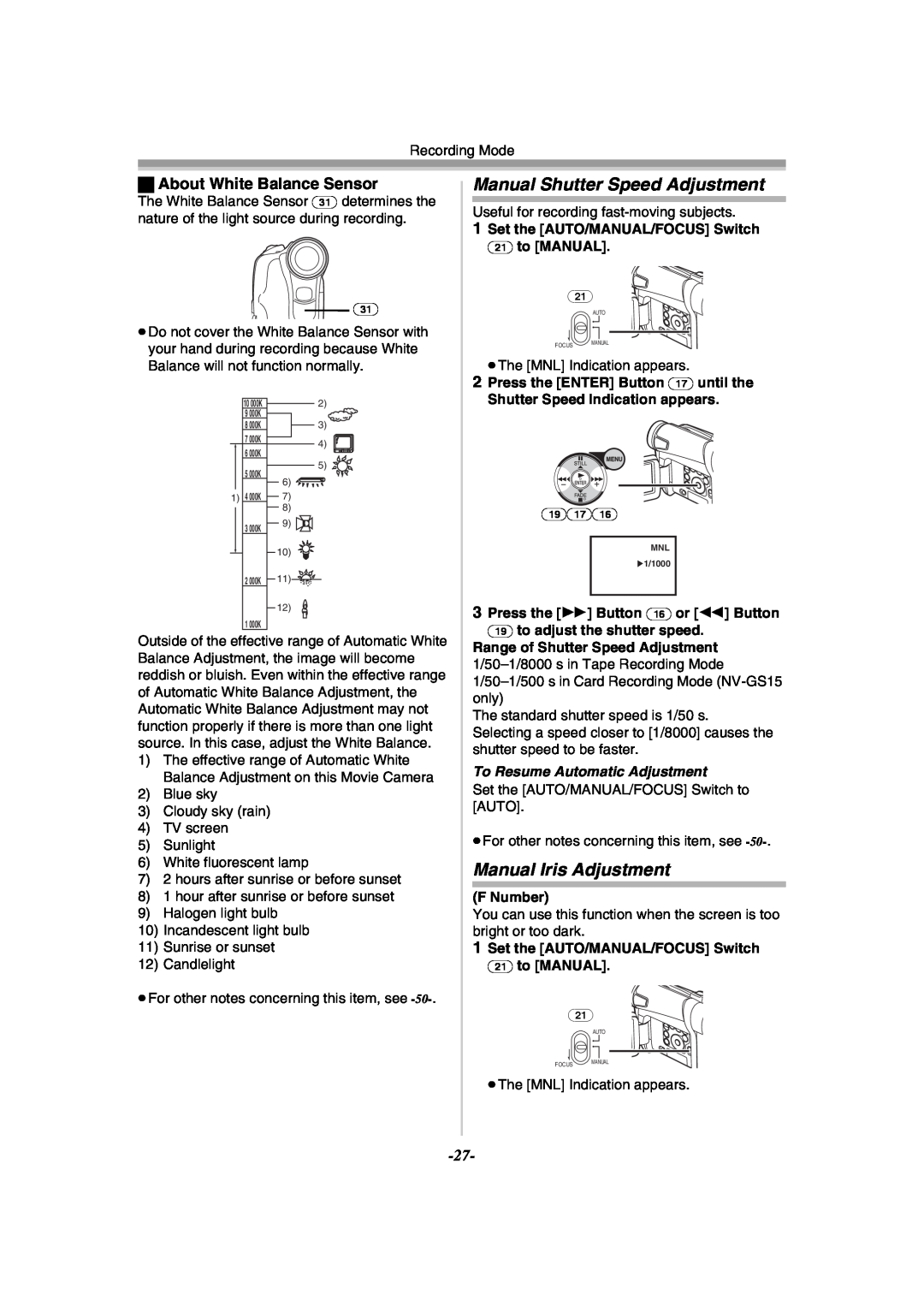 Panasonic NV-GS11GN Manual Shutter Speed Adjustment, Manual Iris Adjustment, ª About White Balance Sensor, F Number 