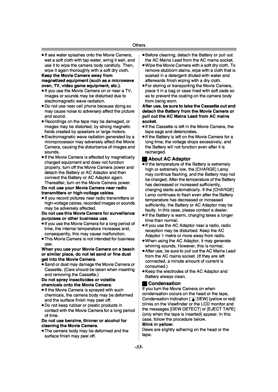 Panasonic NV-GS11GN, NV-GS15GN operating instructions ª About AC Adaptor, ª Condensation, Blink in yellow 