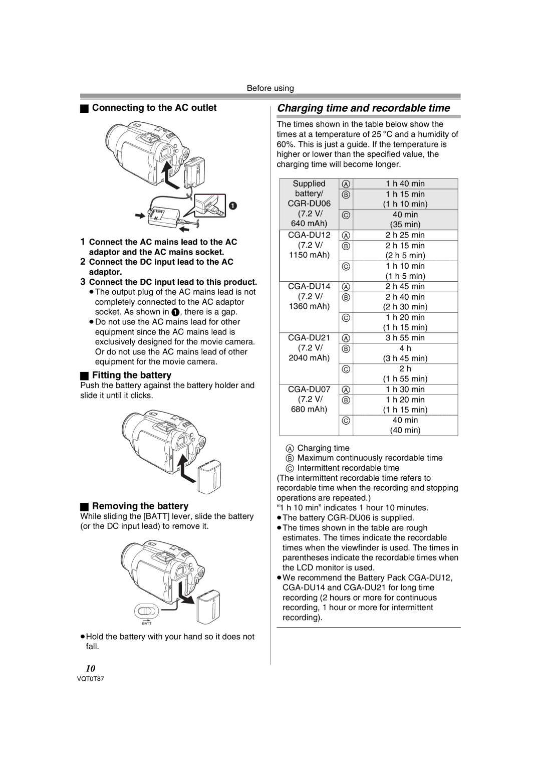 Panasonic NV-GS180EB Charging time and recordable time, Connecting to the AC outlet, Fitting the battery 