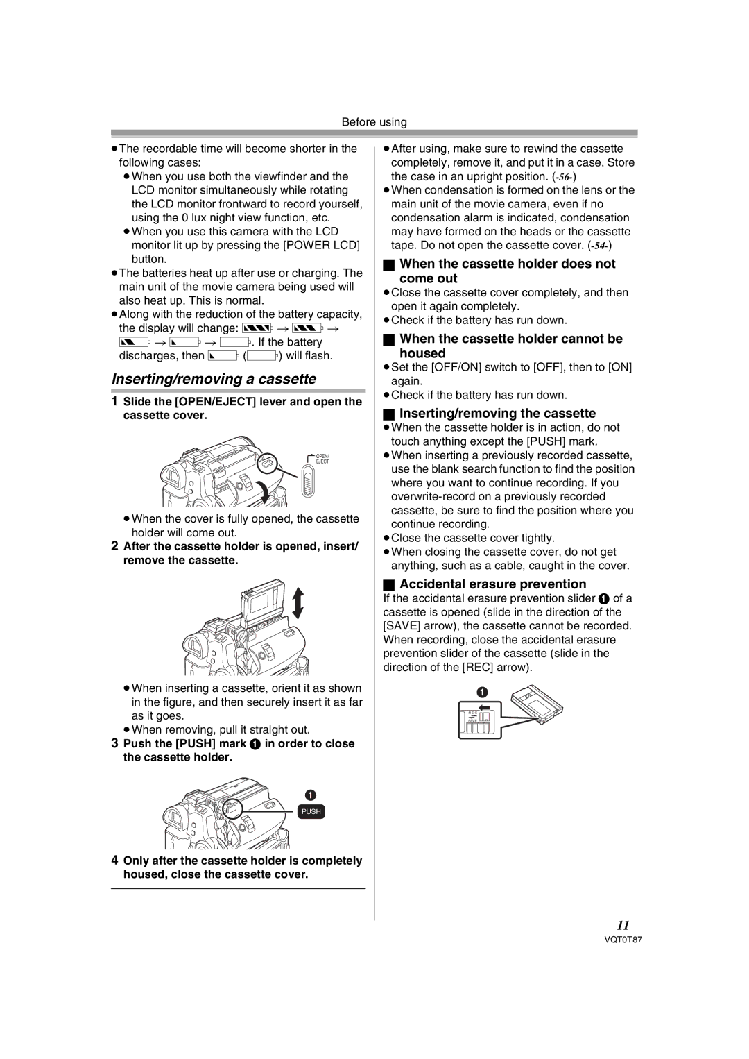 Panasonic NV-GS180EB operating instructions Inserting/removing a cassette, When the cassette holder does not Come out 
