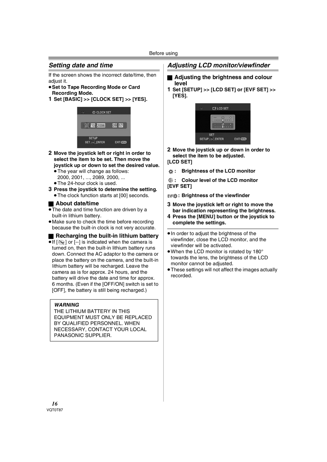 Panasonic NV-GS180EB operating instructions Setting date and time, Adjusting LCD monitor/viewfinder, About date/time 