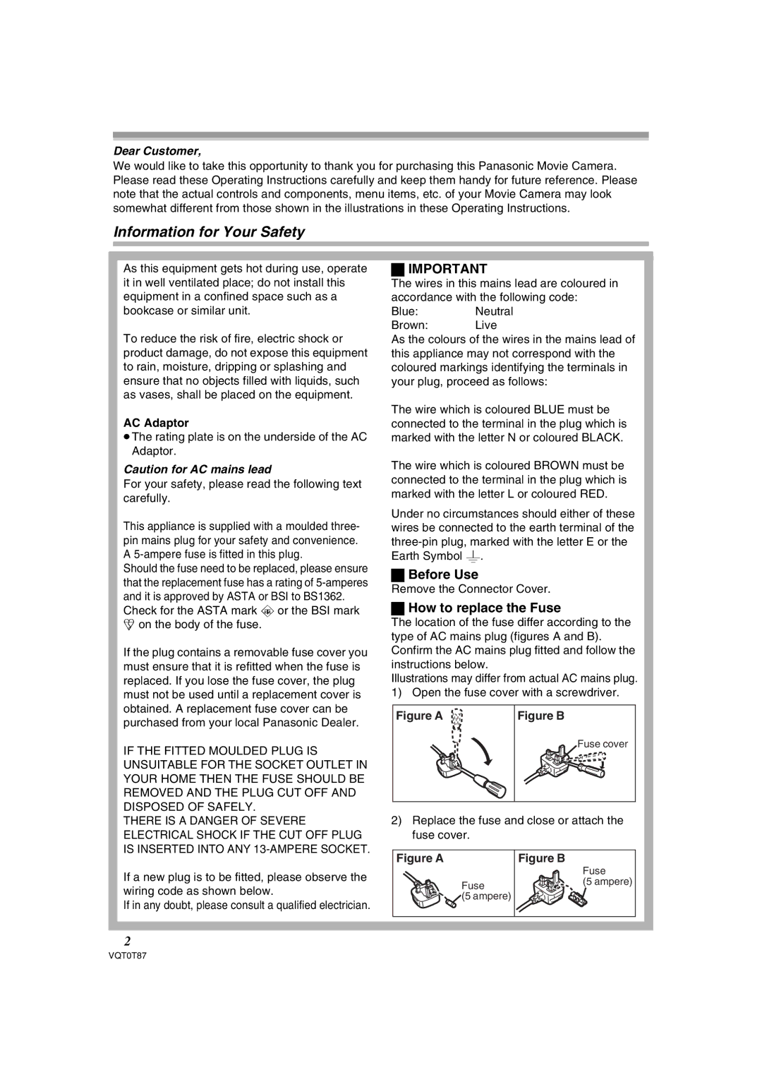 Panasonic NV-GS180EB operating instructions Information for Your Safety, Before Use, How to replace the Fuse, AC Adaptor 