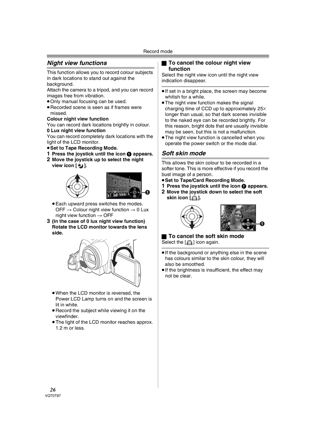 Panasonic NV-GS180EB operating instructions Night view functions, Soft skin mode, To cancel the colour night view Function 